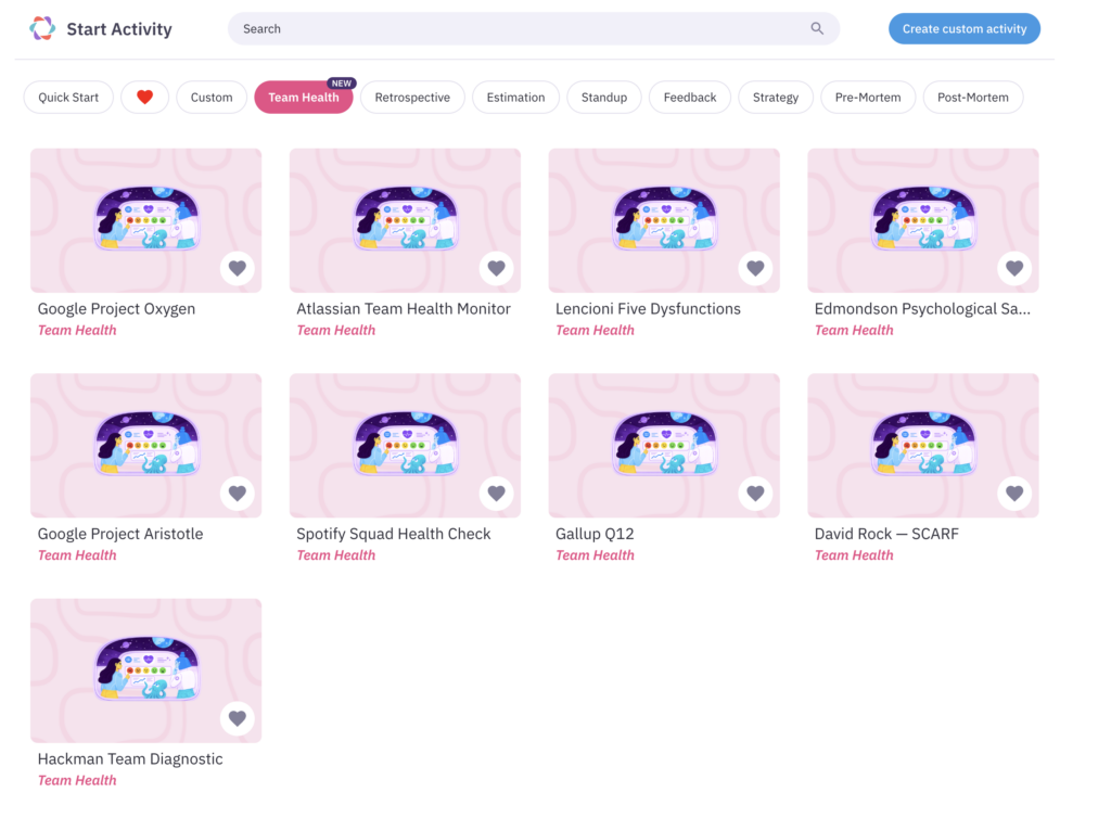 An in-development preview of what where to find out Team Health activity within Parabol's Activity Library