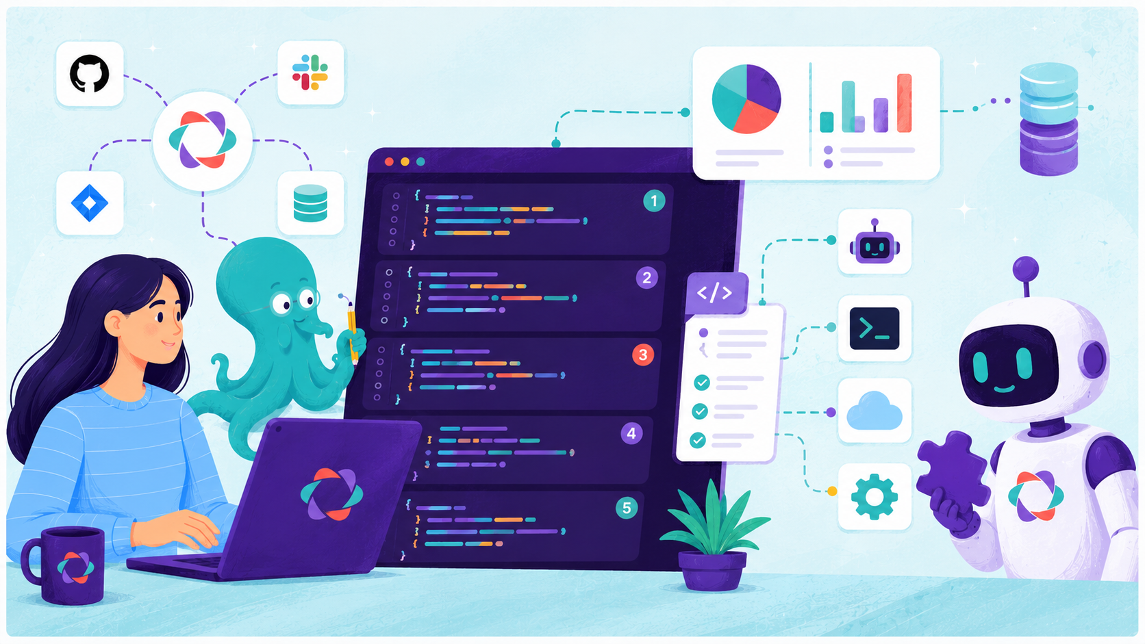 Our space-voyaging lady and her octopus pal reviewing Parabol API usage examples