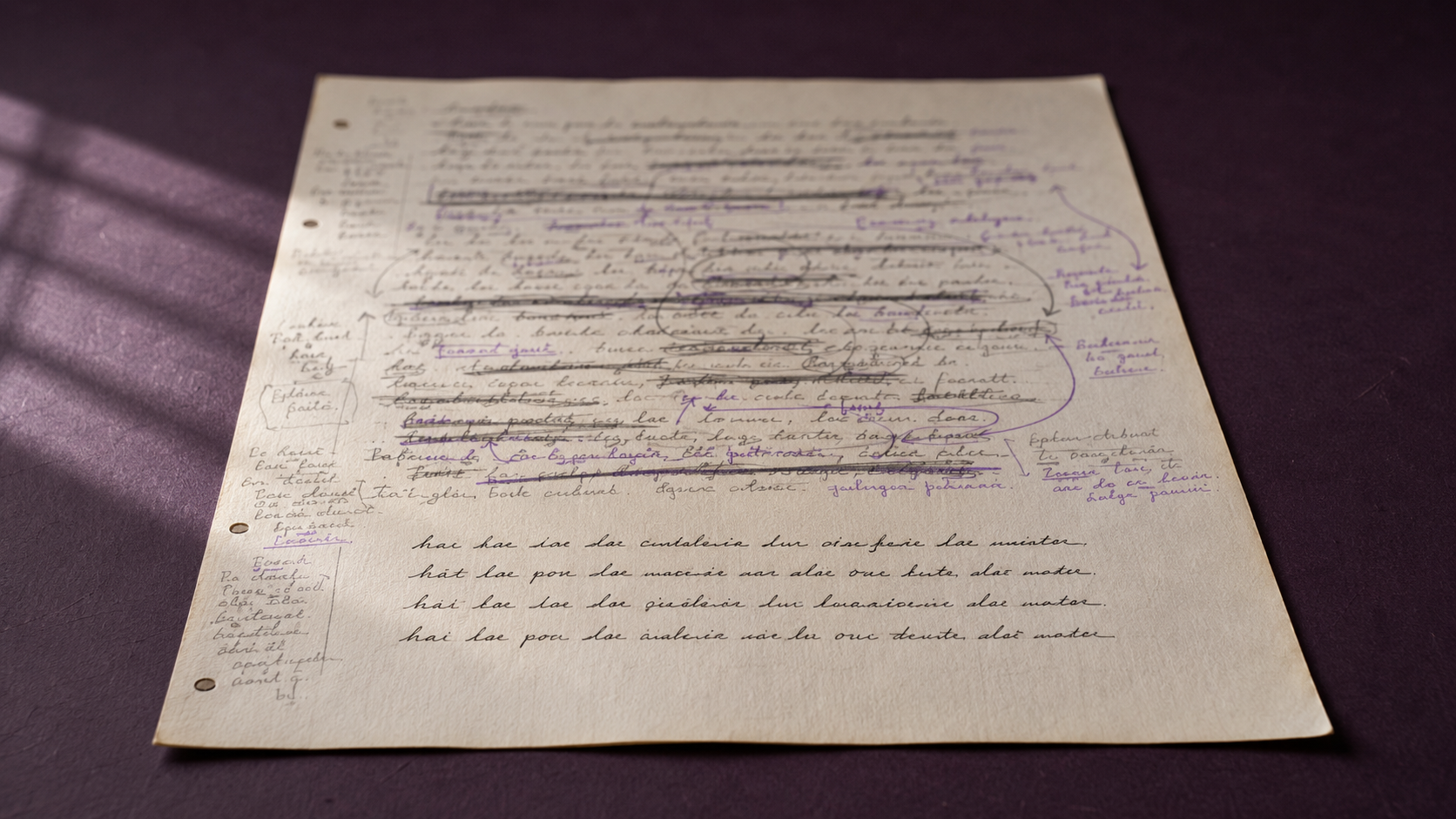 A picture of hand-written manuscript, heavy with editing marks by other people