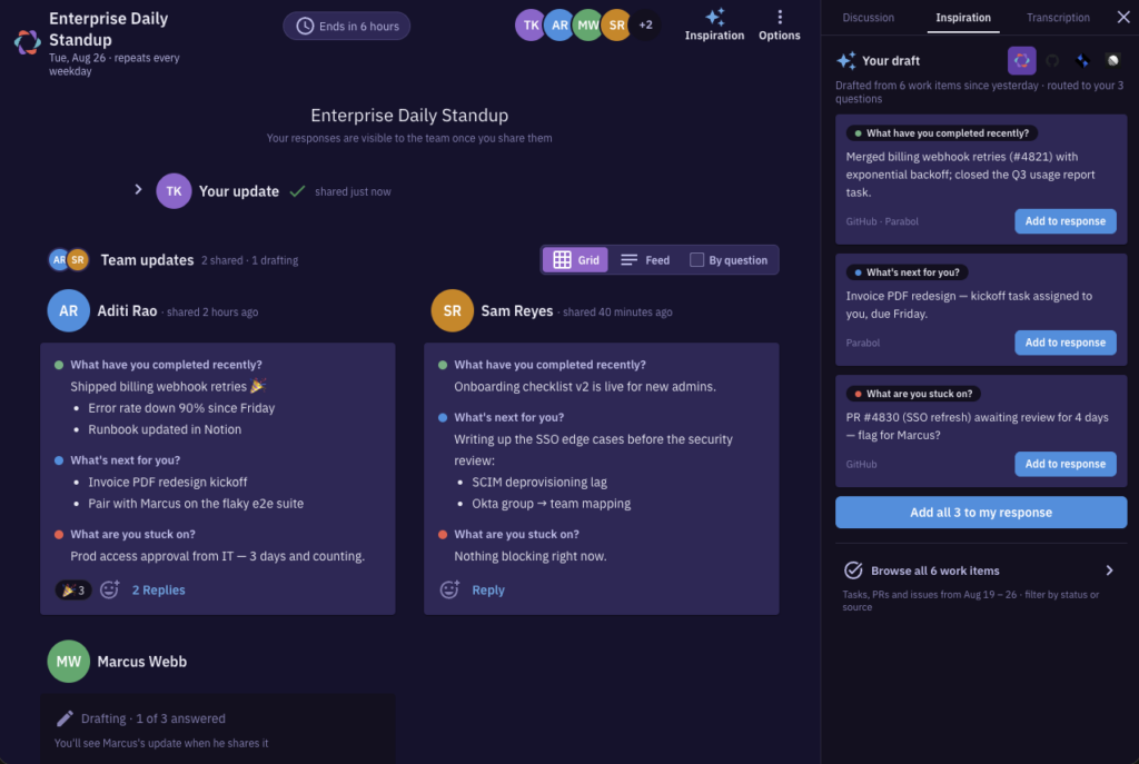 A design preview of Parabol's upcoming structured prompt enhancements for its standup activity