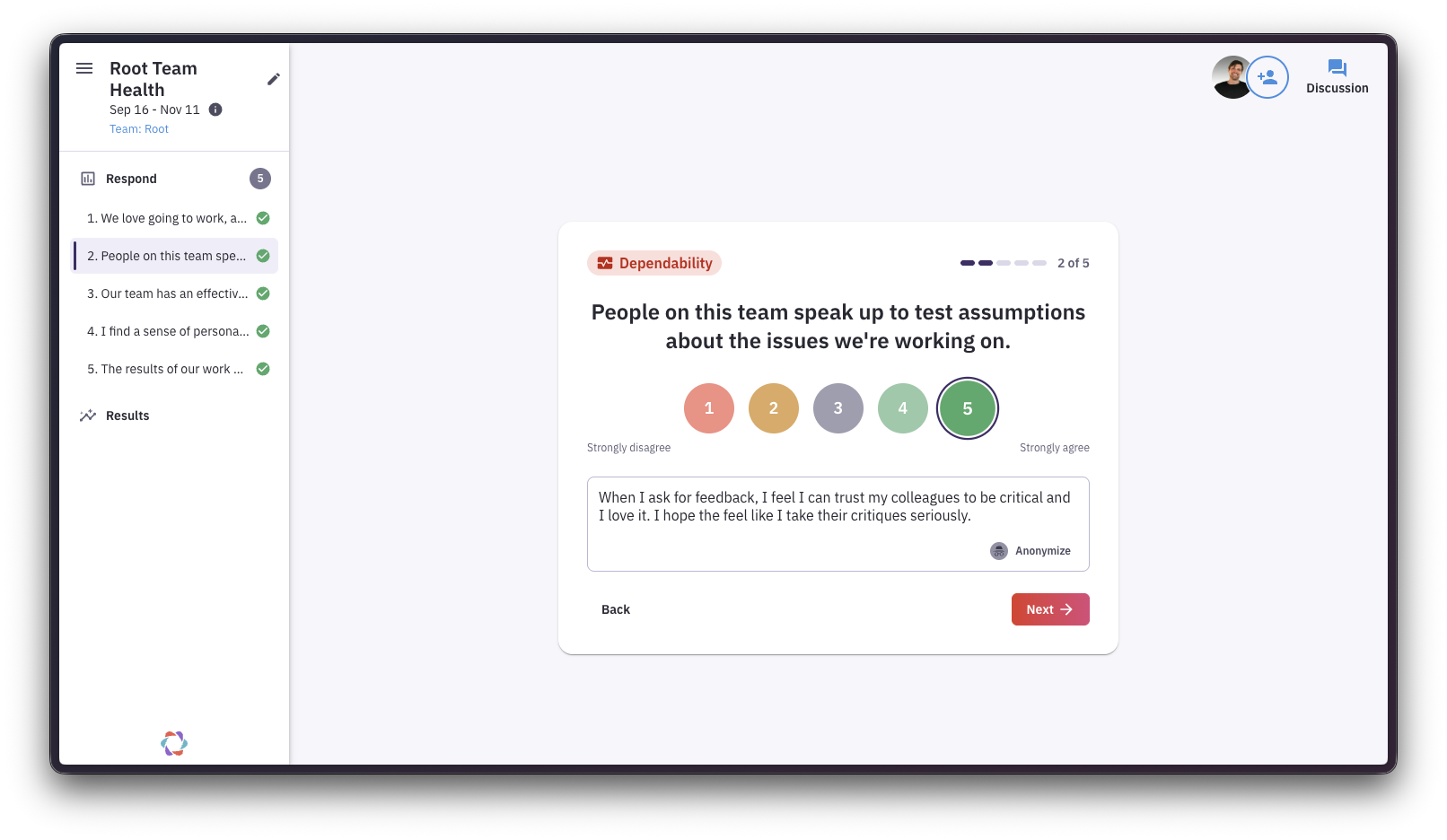 A screenshot of Parabol's upcoming Team Health meeting from an internal test taking place on Friday, September 18th