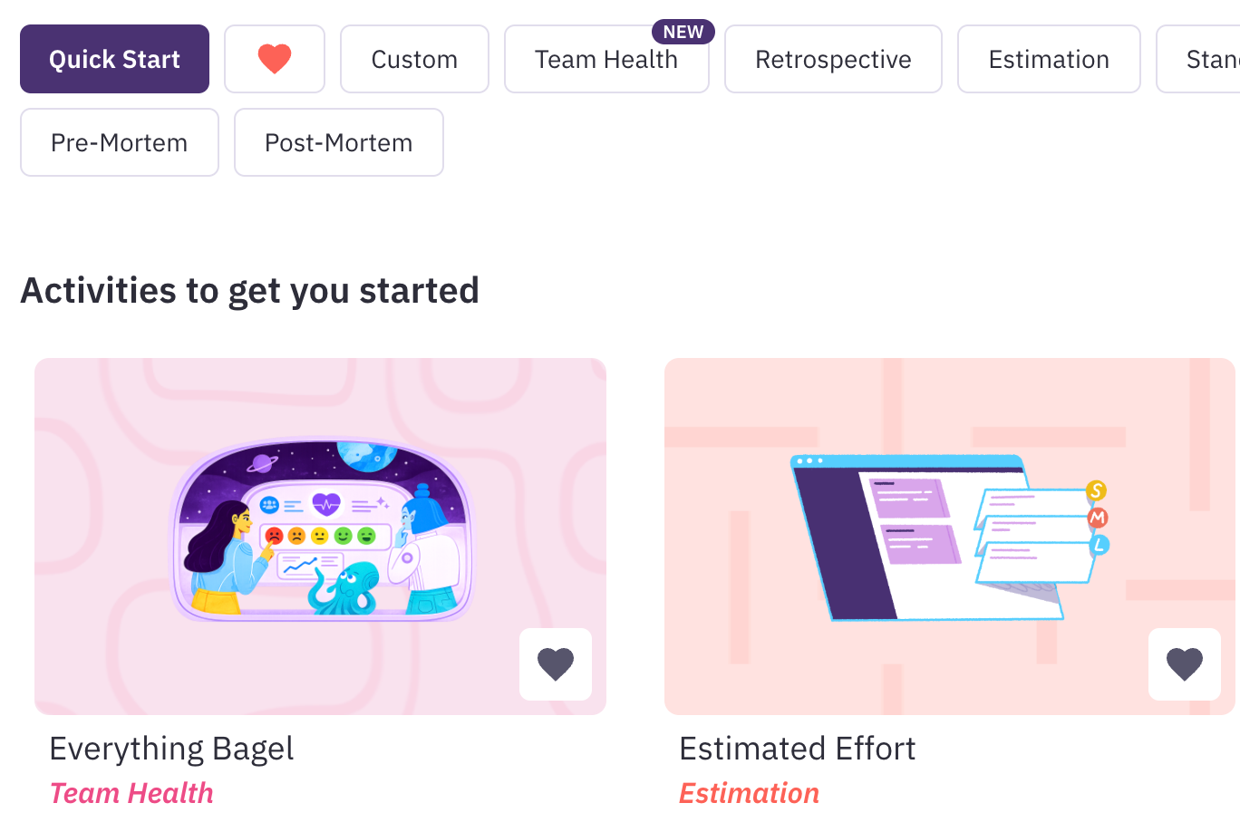 Parabol's Activity Library with the new Team Health category and the Everything Bagel team health template