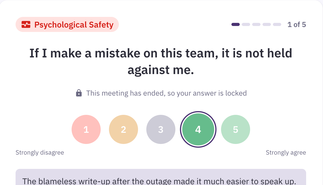Answering one Team Health question on a 1–5 scale in Parabol, one of five questions in the check