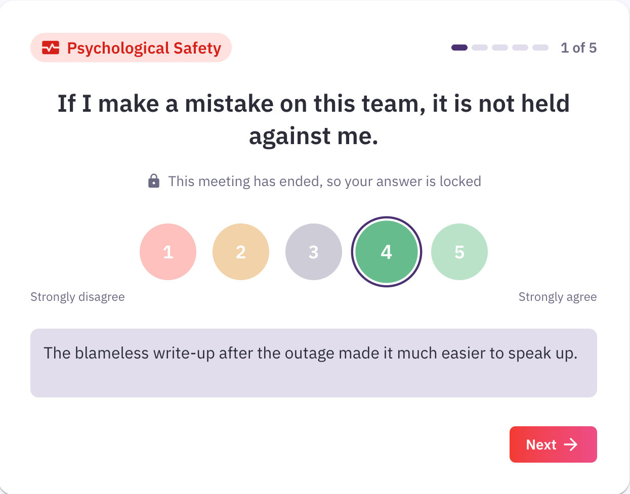 Answering a Parabol Team Health question anonymously: 'If I make a mistake on this team, it is not held against me' rated 4 on a 1–5 scale from strongly disagree to strongly agree, with an optional comment