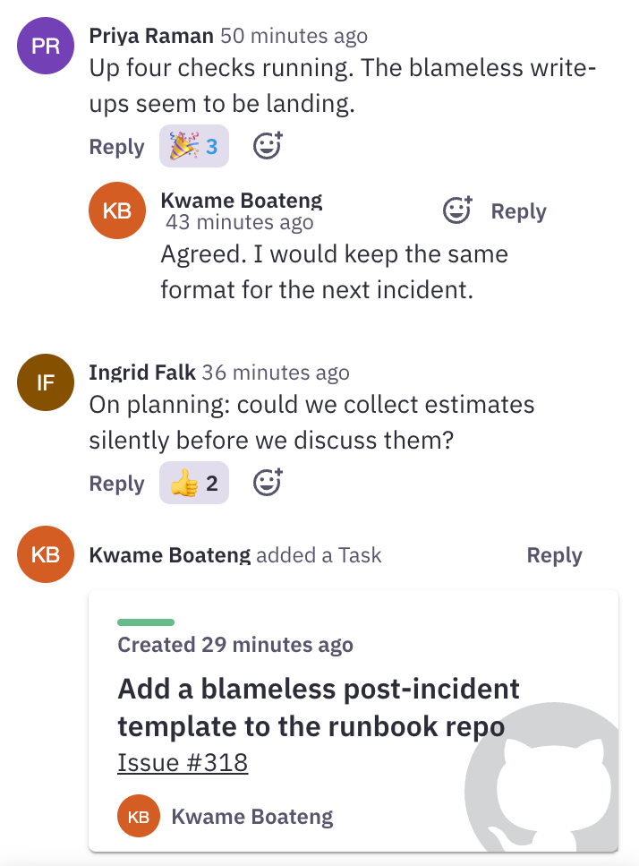 Discussion thread on a Team Health result in Parabol, ending with a task, 'Add a blameless post-incident template to the runbook repo', created and synced to GitHub as an issue