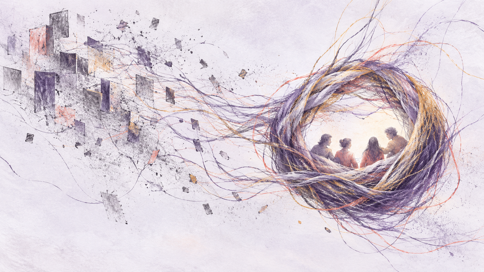Does SaaS Survive Hero Image An abstract sketch of data servers, and people. It's a very somber mood.
